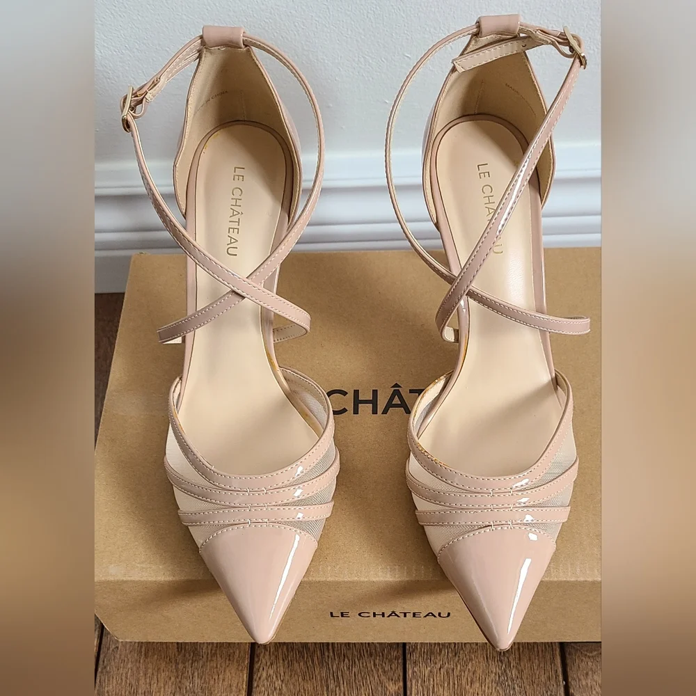 le chateau Nude Patent Pointed-Toe Strappy Ankle Pumps - Picture 1 of 16